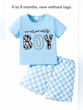 NWOT 6-9 Months Mama's Boy Light Blue Short Sleeve Tee & Check Shorts